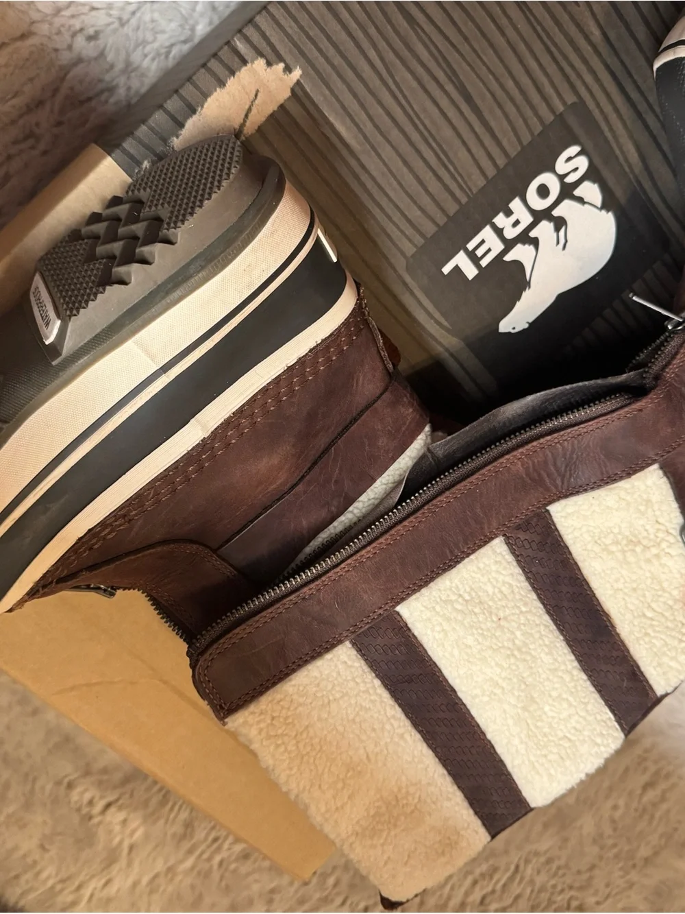 Sorel Brown and Cream Sherpa-Trim Winter Boots